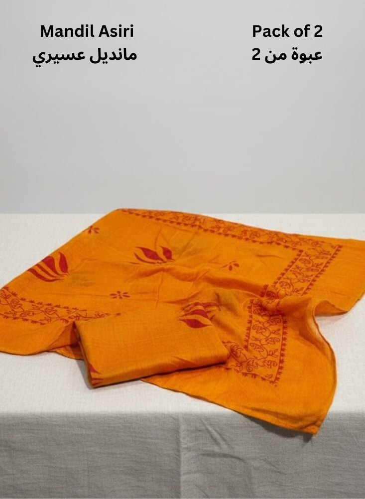 Premium Mandil Asiri Traditional Head Scarf For Foundation Day – Orange Printed Cotton Mandil, Pack of 2 - Image 1